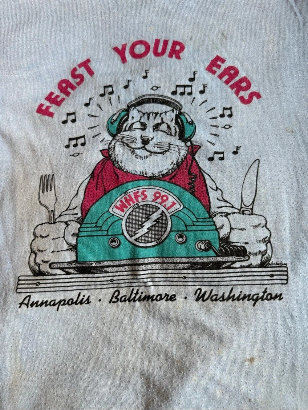 Hanes Vintage WHFS 99.1 Feast Your Ears Cat T-Shirt Gray XL